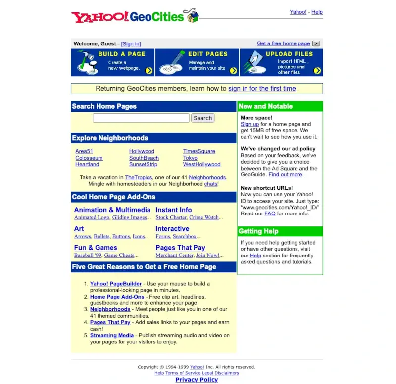 Geocities homepage circa 1999